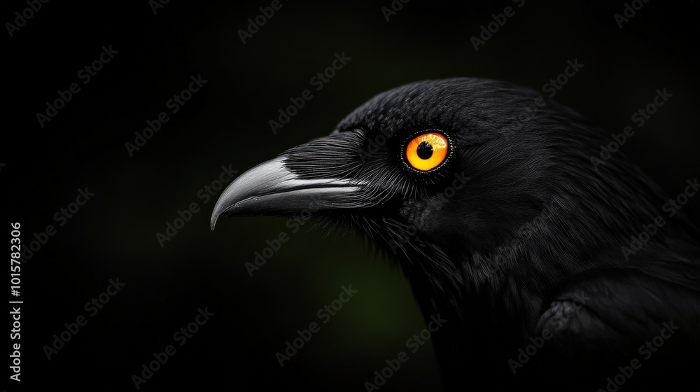 Close-up of a raven with striking orange eye against a dark background. Close-up of a raven with striking orange eye against a dark background.