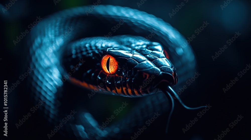 Fototapeta premium Close-up of a snake with striking orange eyes, dark scales and vibrant details.