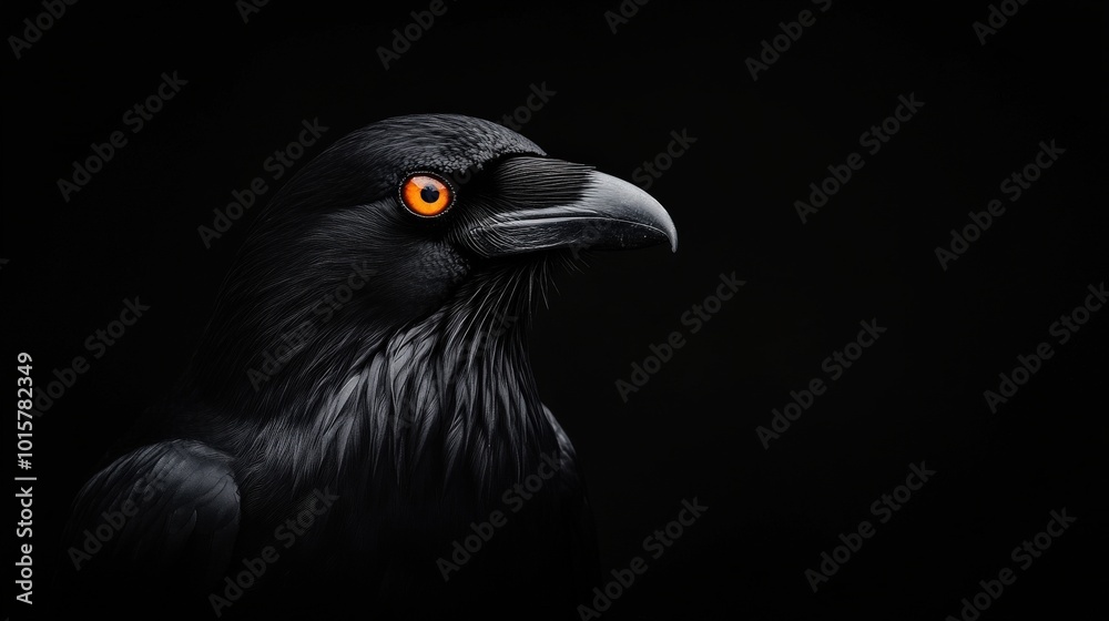 Close-up of a raven with striking orange eyes against a dark background. Close-up of a raven with striking orange eyes against a dark background.