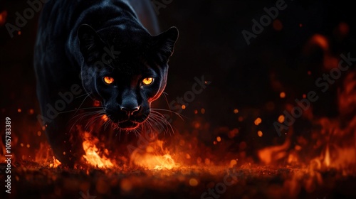 Black panther moving through flames with intense glowing eyes, dramatic lighting.