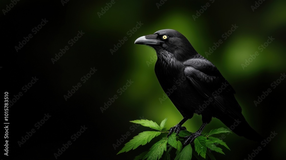 Obraz premium Black crow perched elegantly on green leaves against a blurred dark background.