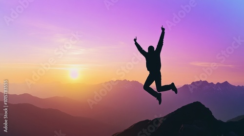 Wallpaper Mural Man Jumping on Mountain Top at Sunset Torontodigital.ca