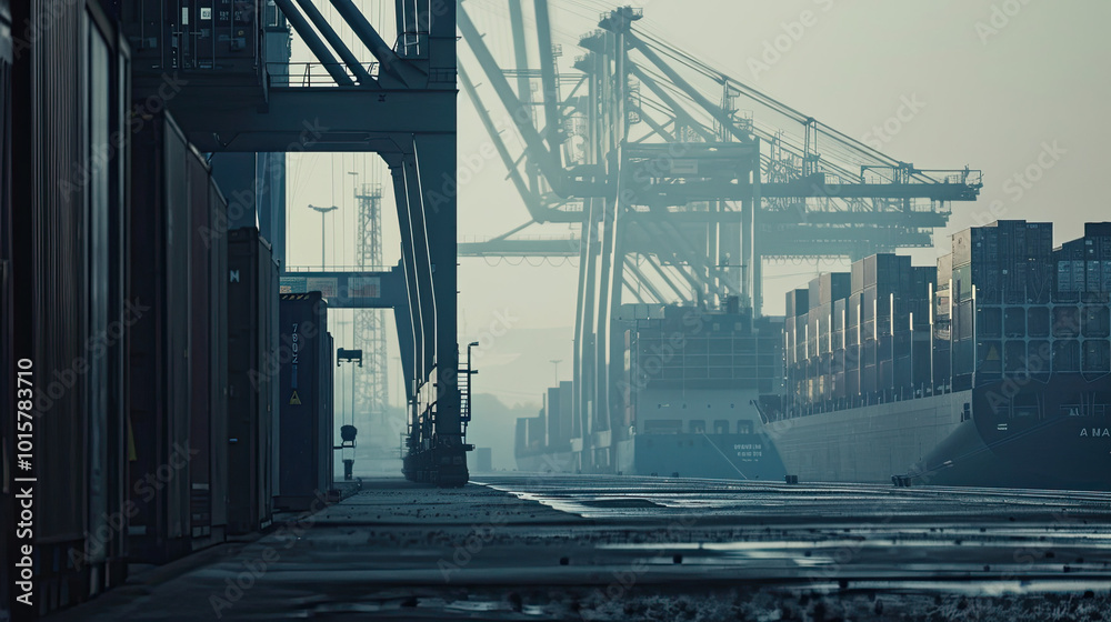 Large cargo ship docked at empty port with stacked containers and idle cranes, symbolizing port strike and industrial tension. Large cargo ship docked at empty port with stacked containers and idle cranes, symbolizing port strike and industrial tension.