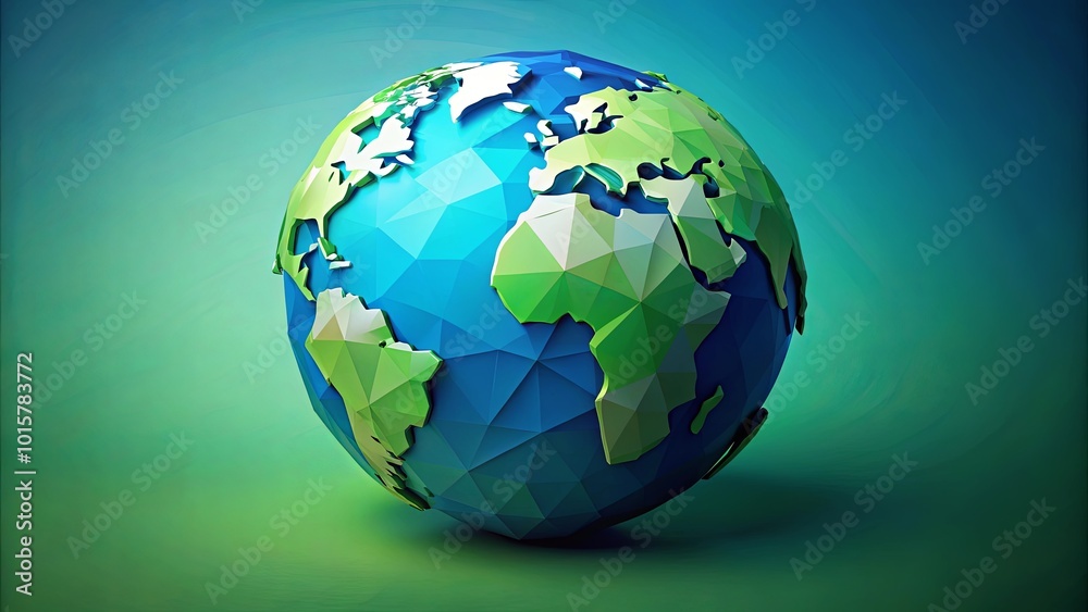 Fototapeta premium A low-poly globe with detailed continents and oceans, resting on a gradient green and blue background.