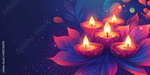 Happy Diwali Festival with Lit Diya on Colorful Background