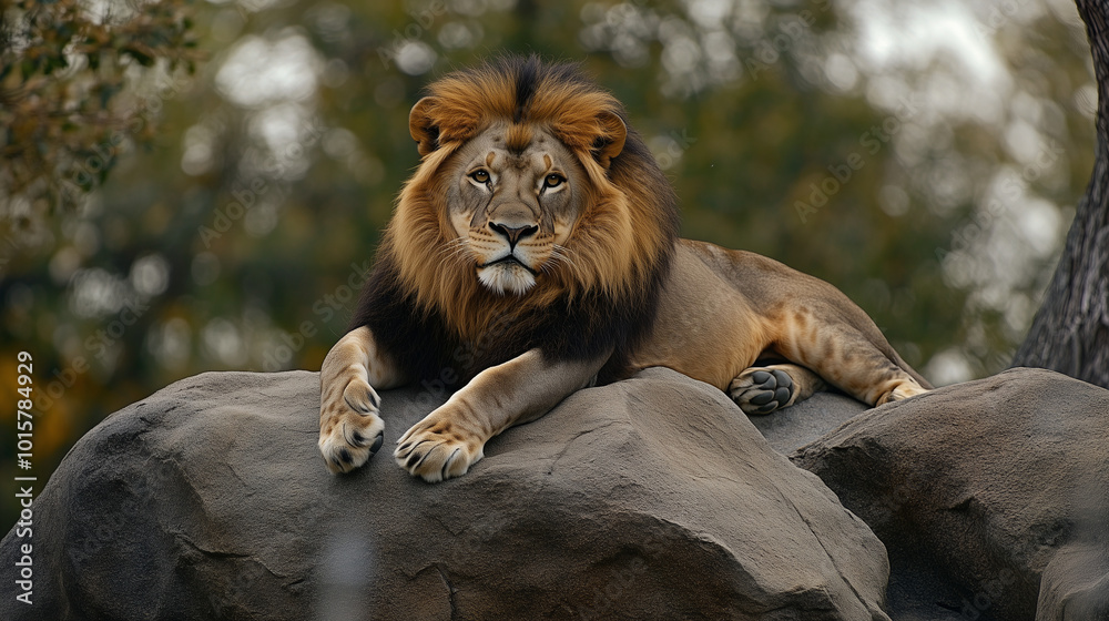 Obraz premium Majestic Lion Resting on Rock 