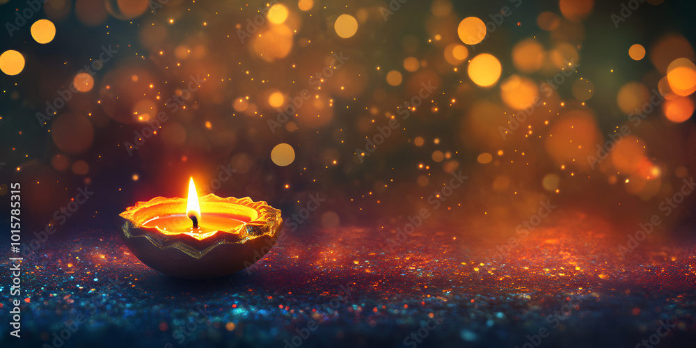 Illuminated Diya Lamp on Festive Bokeh Background Illuminated Diya Lamp on Festive Bokeh Background