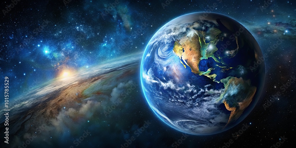 A celestial tapestry of swirling clouds and distant starlight embraces a vibrant blue and green planet, illuminating the vastness of the cosmos.