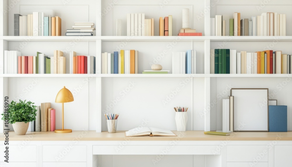 Fototapeta premium A bright and inviting office space featuring white bookshelves filled with books and vibrant color accents.
