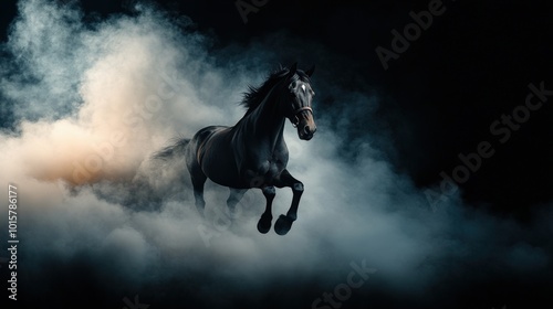 A powerful black horse running through a mystical fog.