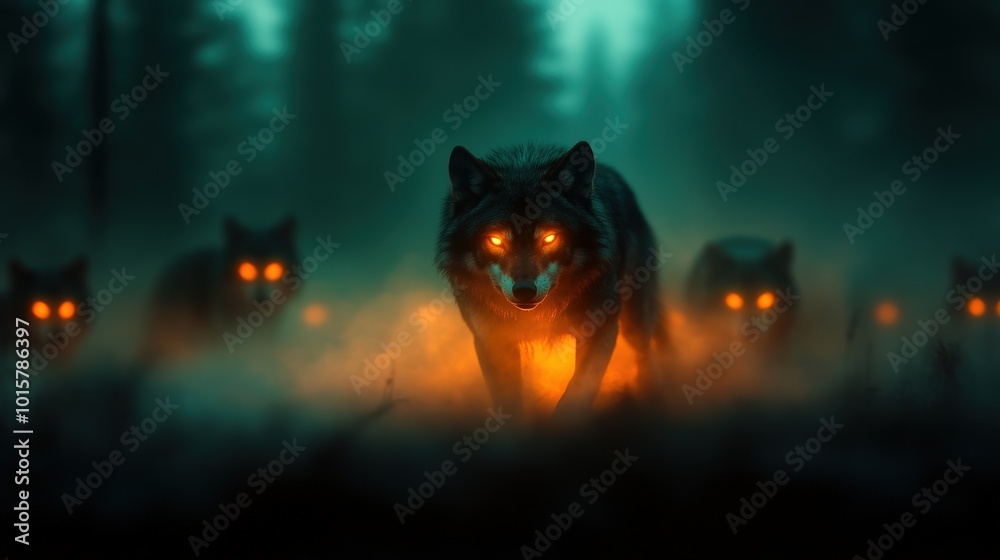Fototapeta premium A pack of wolves with glowing eyes walking through foggy forest.