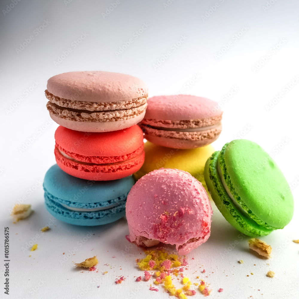 French sweet colorful fruit cookies macarons macaroons with crumbs on a white background