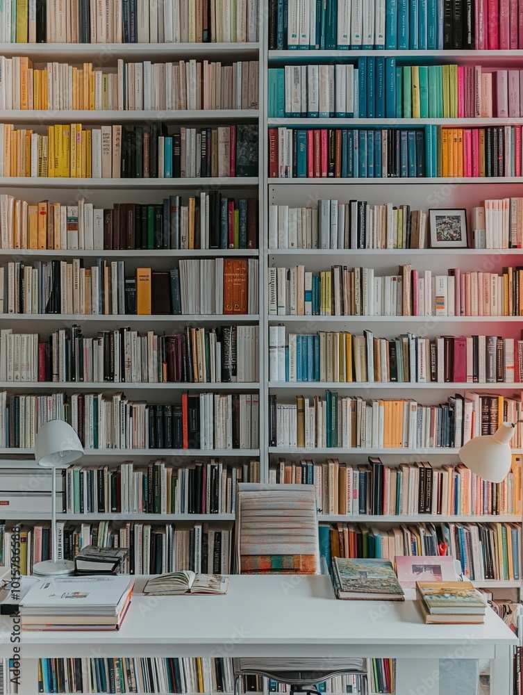 A bright and inviting office space featuring white bookshelves filled with books and vibrant color accents. A bright and inviting office space featuring white bookshelves filled with books and vibrant color accents.
