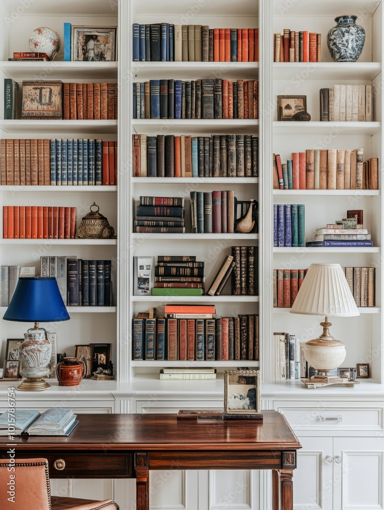 Fototapeta premium A bright and inviting office space featuring white bookshelves filled with books and vibrant color accents.