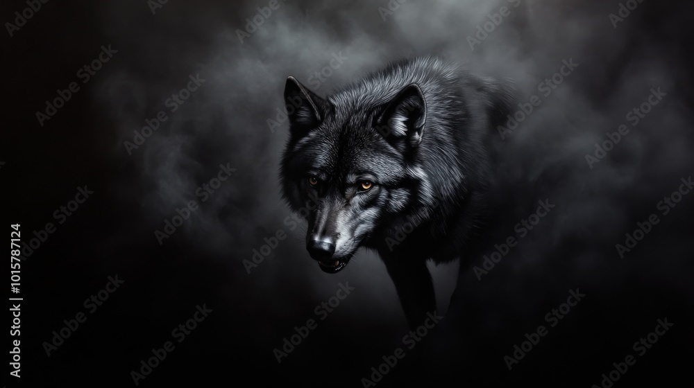 Fototapeta premium A majestic black wolf emerging from shadows in a dark misty environment.