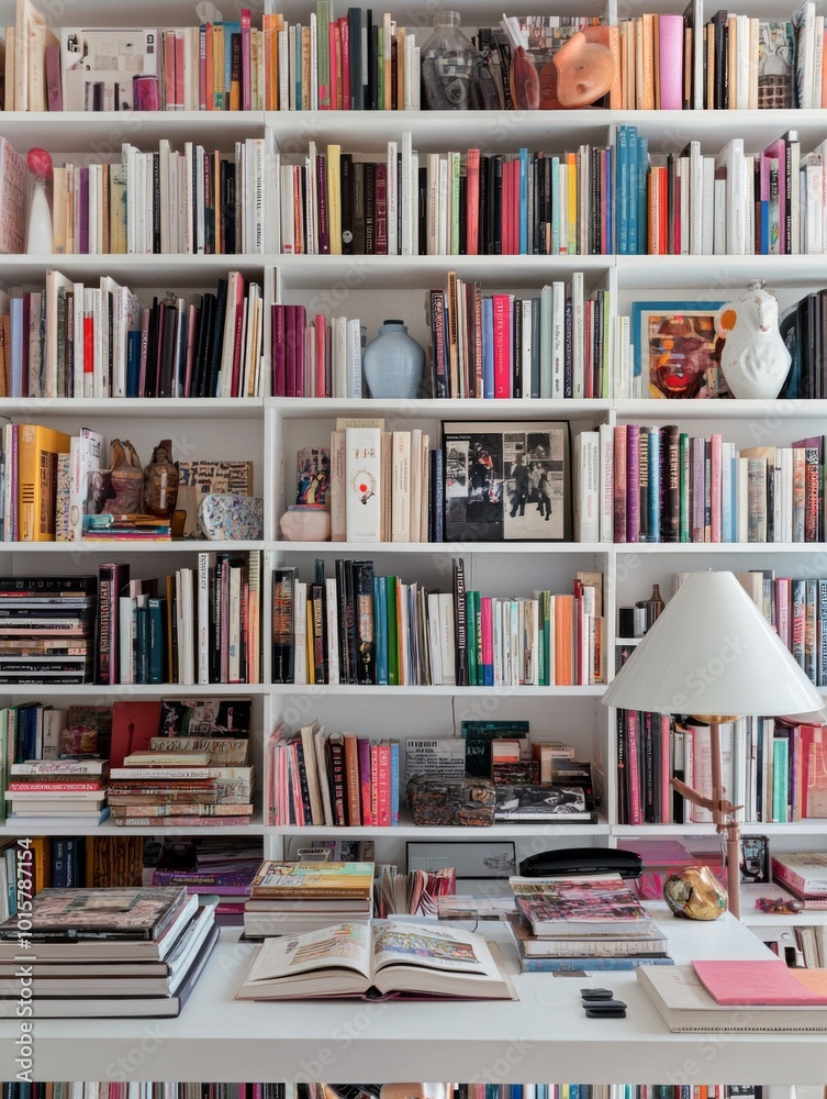 A bright and inviting office space featuring white bookshelves filled with books and vibrant color accents. A bright and inviting office space featuring white bookshelves filled with books and vibrant color accents.