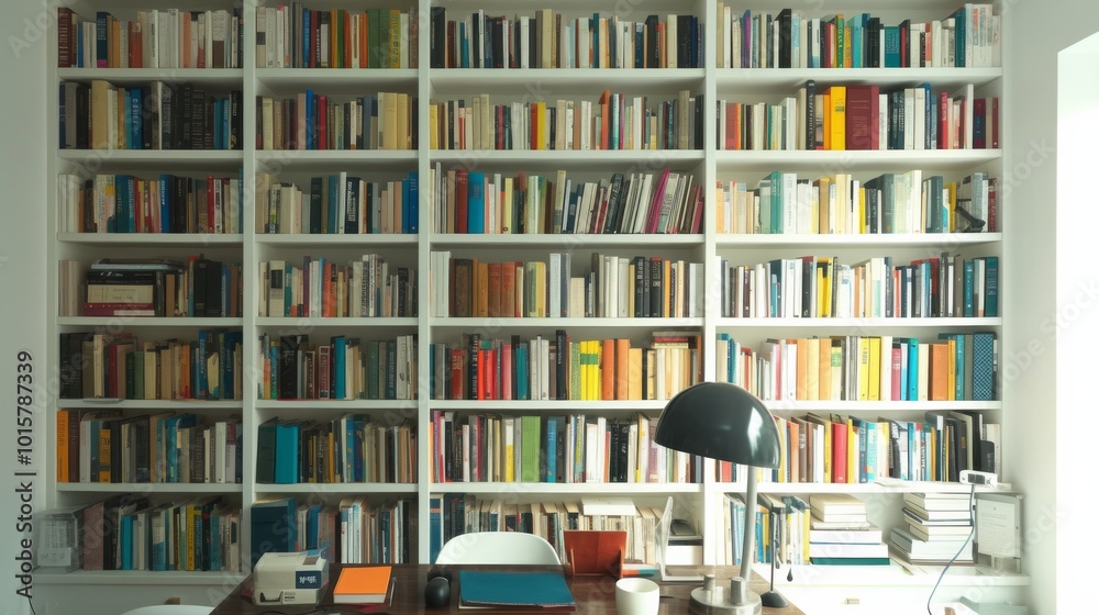 A bright and inviting office space featuring white bookshelves filled with books and vibrant color accents.