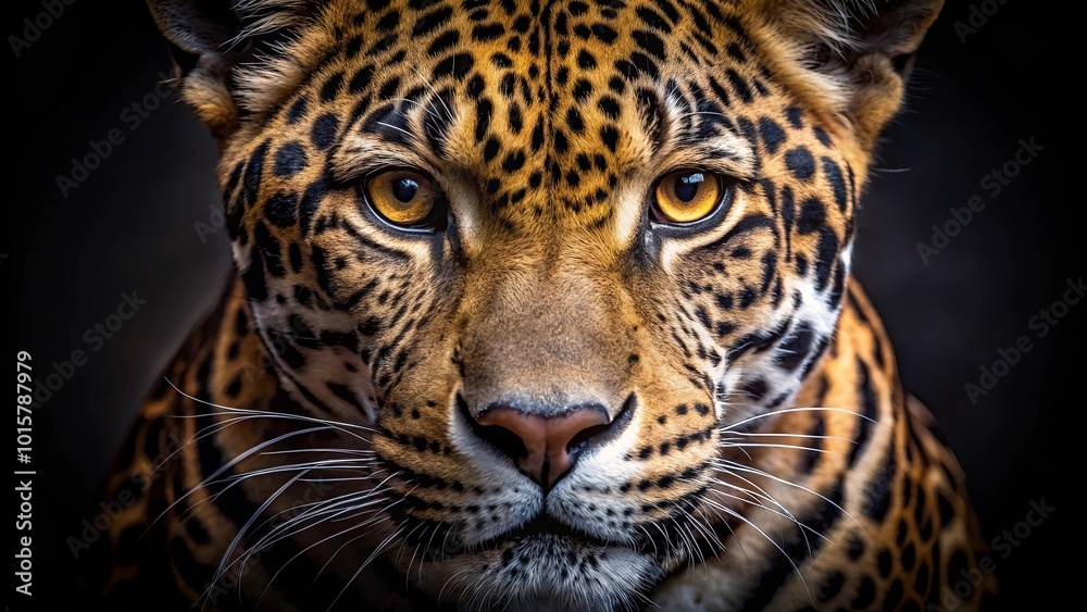 Obraz premium A close-up portrait of a wild cat with piercing yellow eyes and a patterned coat, focused on its intense gaze and intricate facial features.