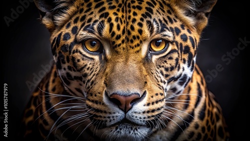 A close-up portrait of a wild cat with piercing yellow eyes and a patterned coat, focused on its intense gaze and intricate facial features.