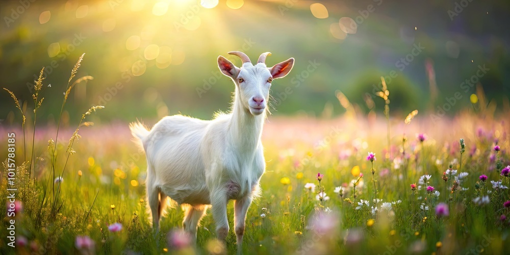 A solitary white goat stands in a field of vibrant wildflowers, bathed in the golden glow of a setting sun.