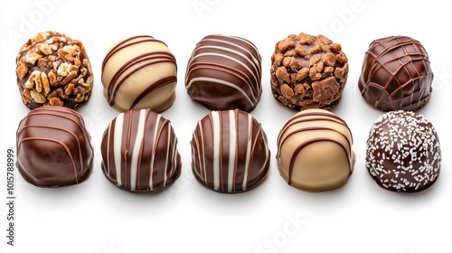 A photostock images of chocolate pralines in assorted designs on a clean white background