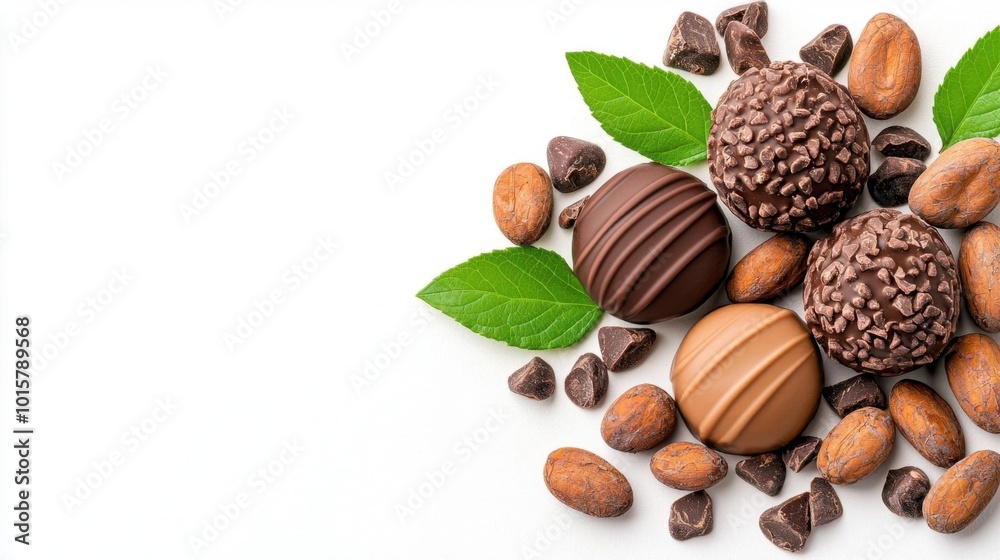 A photostock images of chocolate truffles and cocoa beans on a clean white background A photostock images of chocolate truffles and cocoa beans on a clean white background