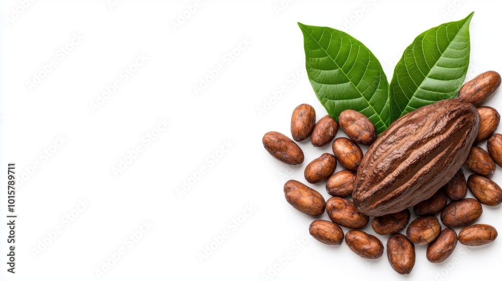 A photostock images of cocoa beans and a cocoa pod with leaves on a clean white background A photostock images of cocoa beans and a cocoa pod with leaves on a clean white background