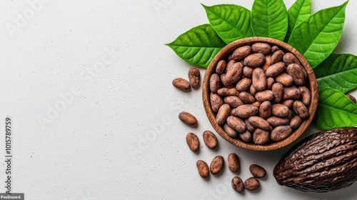 A photostock images of cocoa beans and a cocoa pod with leaves on a clean white background photo