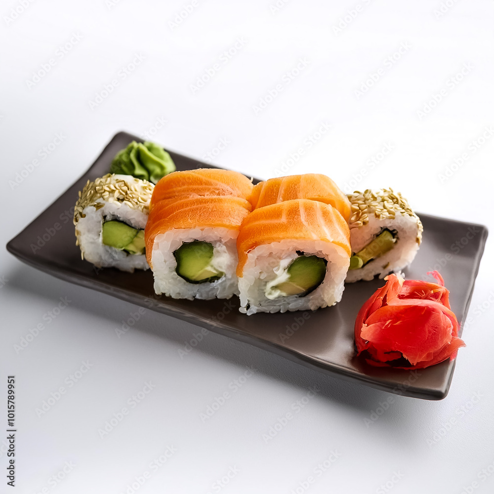A freshly made sushi roll with fish and vegetables on a white background A freshly made sushi roll with fish and vegetables on a white background