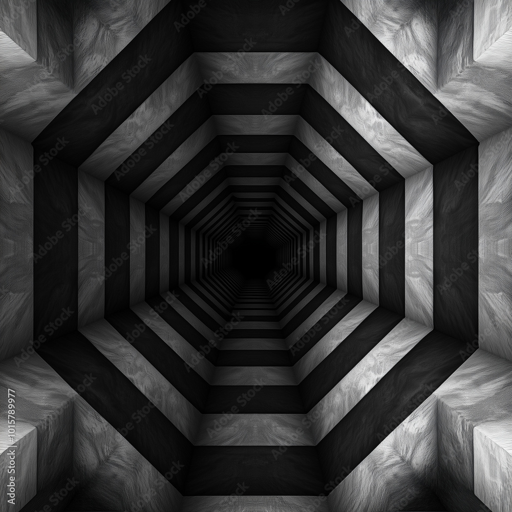 Obraz premium A black and white photo of a tunnel with a greyish color. The tunnel is very long and narrow, and it seems to be a very dark and mysterious place. The photo gives off a sense of unease and curiosity