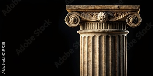 A solitary stone column with intricate carvings stands against a dark backdrop, highlighting the graceful lines of its ionic capital and fluted shaft. photo