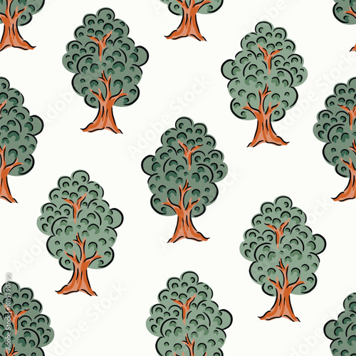 Hand painted sturdy trees with leaves and branches in a forest in a pastel color palette of sage green, forest green, dark green, brown & black on an off-white background. A seamless vector pattern.