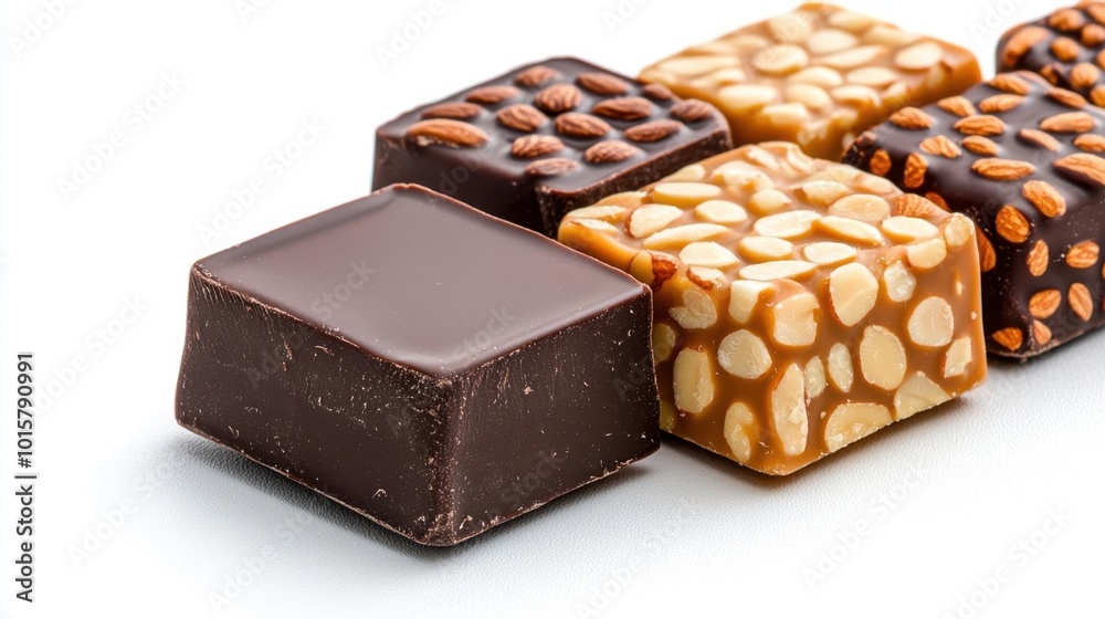 A photostock images of dark and milk chocolate blocks with almonds on a clean white background A photostock images of dark and milk chocolate blocks with almonds on a clean white background
