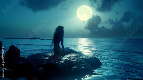 The moonlight is shining on the ocean, and a mermaid is sitting on a rock, watching the waves.