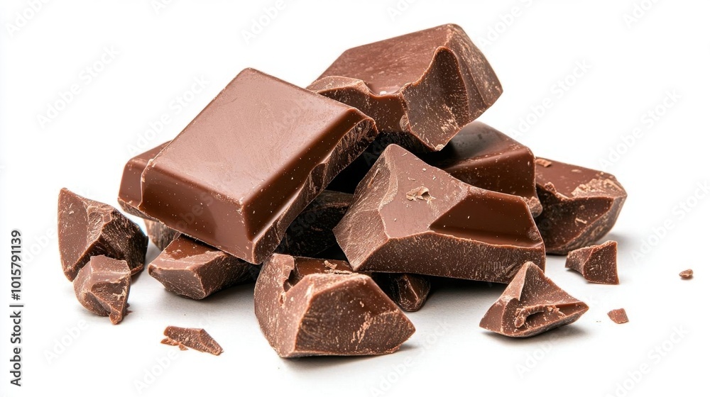 A photostock images of dark chocolate chunks stacked on a clean white background A photostock images of dark chocolate chunks stacked on a clean white background