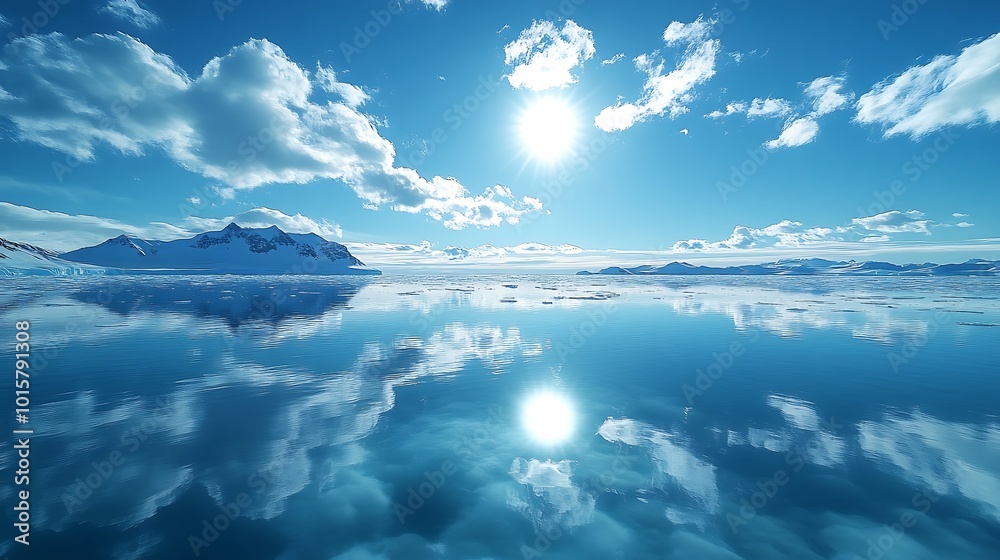 Fototapeta premium A stunning view of a pristine, frozen landscape with a brilliant blue sky reflecting in the calm water.