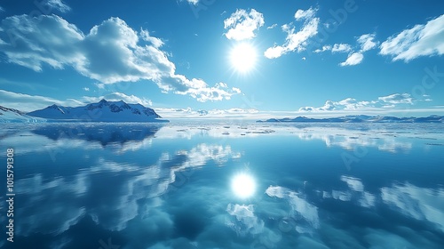 A stunning view of a pristine, frozen landscape with a brilliant blue sky reflecting in the calm water.