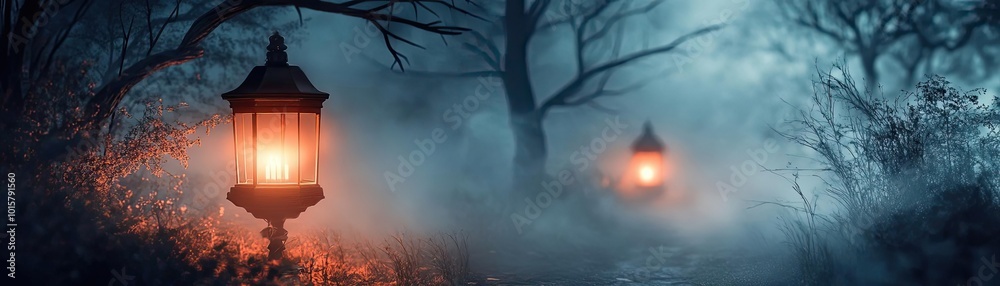 Eerie lanterns illuminate a foggy forest, creating a mysterious atmosphere perfect for storytelling or haunting imagery. Eerie lanterns illuminate a foggy forest, creating a mysterious atmosphere perfect for storytelling or haunting imagery.