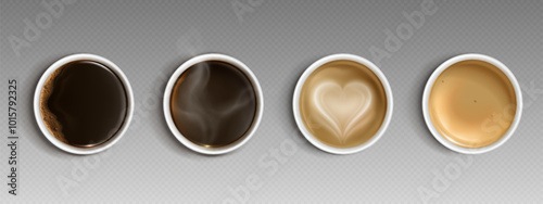 Coffee in paper takeaway cup top view. Black espresso and americano, with milk and heart ornament on foam, hot with steam caffeine drink flat lay. Realistic 3d vector set of mug with beverage to go.