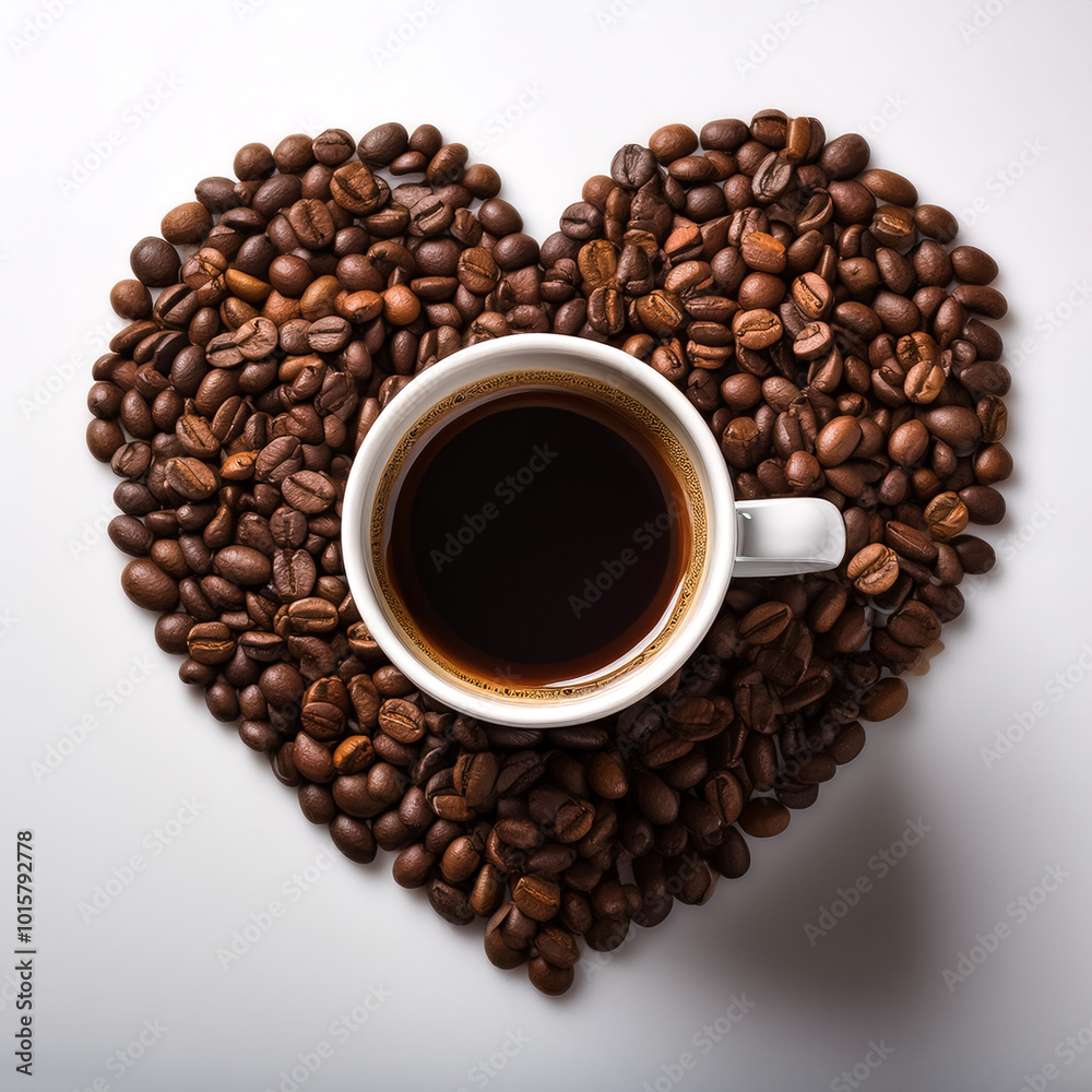 Obraz premium Textured ceramic coffee mug filled with a vibrant coffee blend. Scatter the ground coffee beans around the mug in a heart shape, symbolizing love for coffee