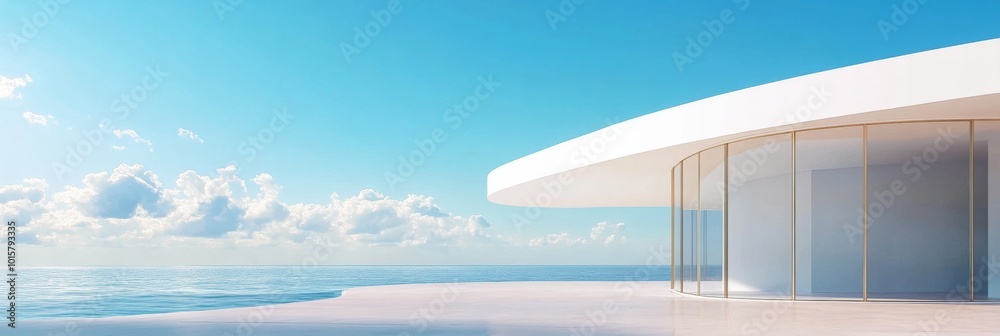 A luxurious white building with a curved facade and expansive glass windows offers breathtaking views of the sea, reflecting clear blue skies A luxurious white building with a curved facade and expansive glass windows offers breathtaking views of the sea, reflecting clear blue skies