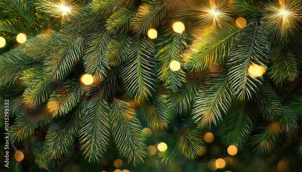 Rich green background with layered fir leaves and warm white fairy lights, creating depth and a magical glow. Rich green background with layered fir leaves and warm white fairy lights, creating depth and a magical glow.