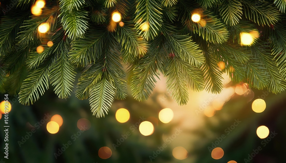 Canopy of evergreen branches with detailed leaves and soft golden lights creating a warm festive atmosphere. Canopy of evergreen branches with detailed leaves and soft golden lights creating a warm festive atmosphere.