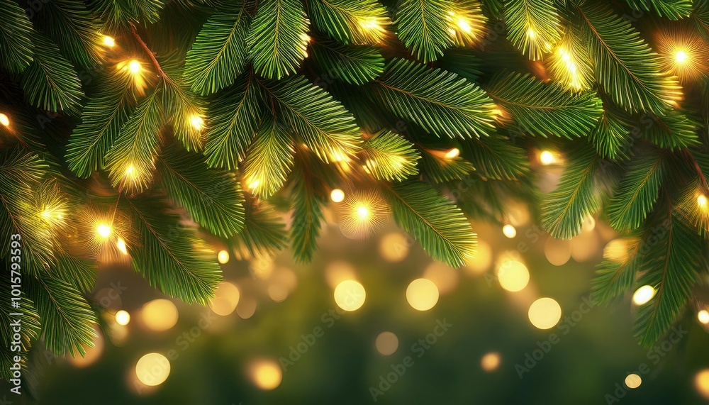 Rich green background with layered fir leaves and warm white fairy lights, creating depth and a magical glow. Rich green background with layered fir leaves and warm white fairy lights, creating depth and a magical glow.