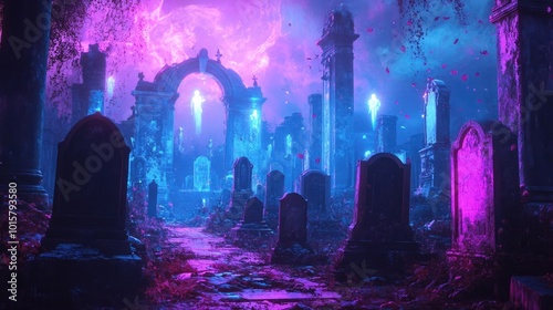 A mystical graveyard scene illuminated by ethereal lights, featuring glowing tombstones and a vibrant, otherworldly atmosphere.