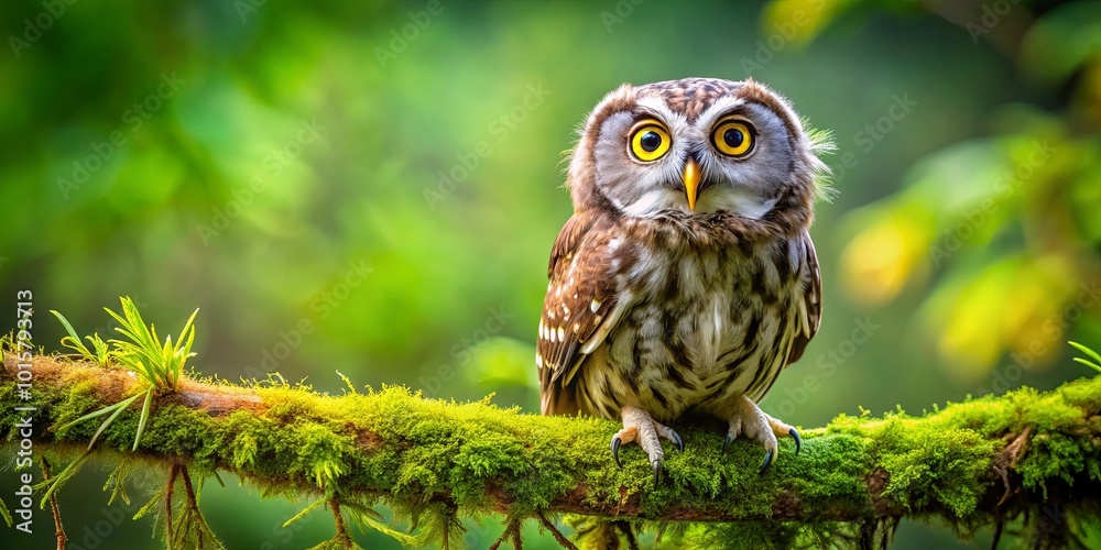 A Curious Owl Perched on a Mossy Branch, Its Bright Yellow Eyes Focused on the World A Curious Owl Perched on a Mossy Branch, Its Bright Yellow Eyes Focused on the World