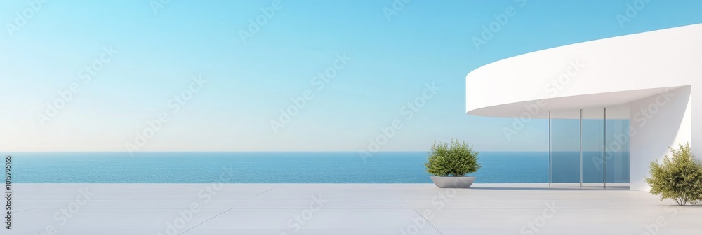A sleek white minimalist building with curved walls and glass windows offers a stunning ocean view against a light blue sky, creating a serene atmosphere. A sleek white minimalist building with curved walls and glass windows offers a stunning ocean view against a light blue sky, creating a serene atmosphere.