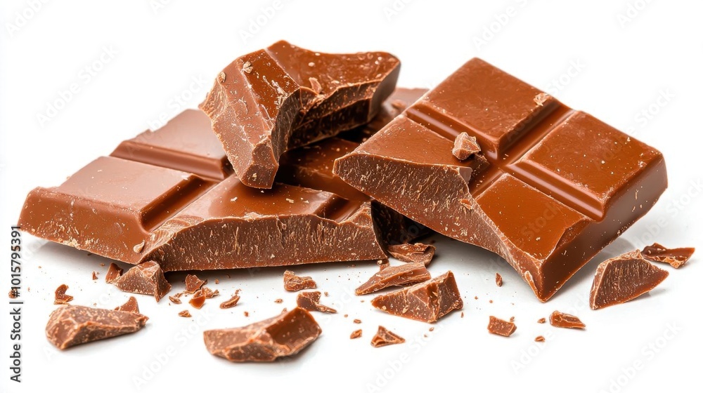 A photostock images of pieces of chocolate bar breaking apart on a clean white background A photostock images of pieces of chocolate bar breaking apart on a clean white background