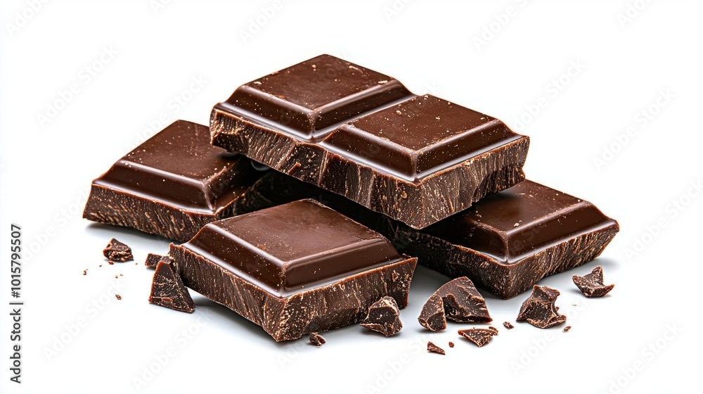 A photostock images of pieces of dark chocolate on a rustic table on a clean white background A photostock images of pieces of dark chocolate on a rustic table on a clean white background