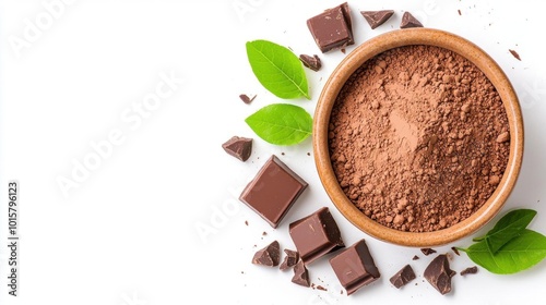 A photostock images of rich cocoa powder in a bowl next to chocolate pieces on a clean white background
